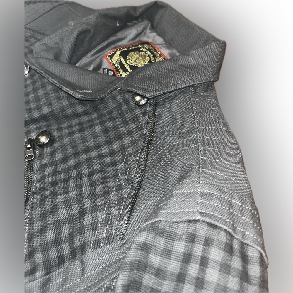 Live Mechanics Canvas Checked Plaid Gray Streetwear Moto Grunge Stud Coat 2XL - Picture 6 of 16